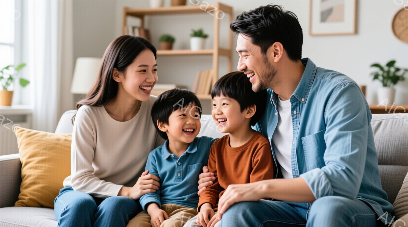 笑顔の家族がソファに座っています。母親は白いシャツを着て、髪を後ろにまとめ、息子たちはそれぞれ水色のシャツとオレンジ色のシャツを着ています。背景には木製の棚があり、植物が飾られています。