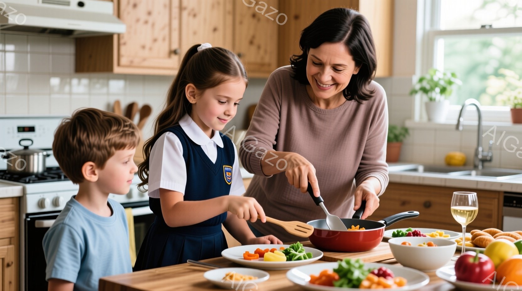 明るいキッチンで、母親がフライパンで料理をしており、2人の子供たちが興味津々に見守っています。母親は茶色のセーターを着て微笑んでおり、女の子は制服を着て髪を2つに結んでいます。カウンターには様々なカッ - AI生成フリー素材