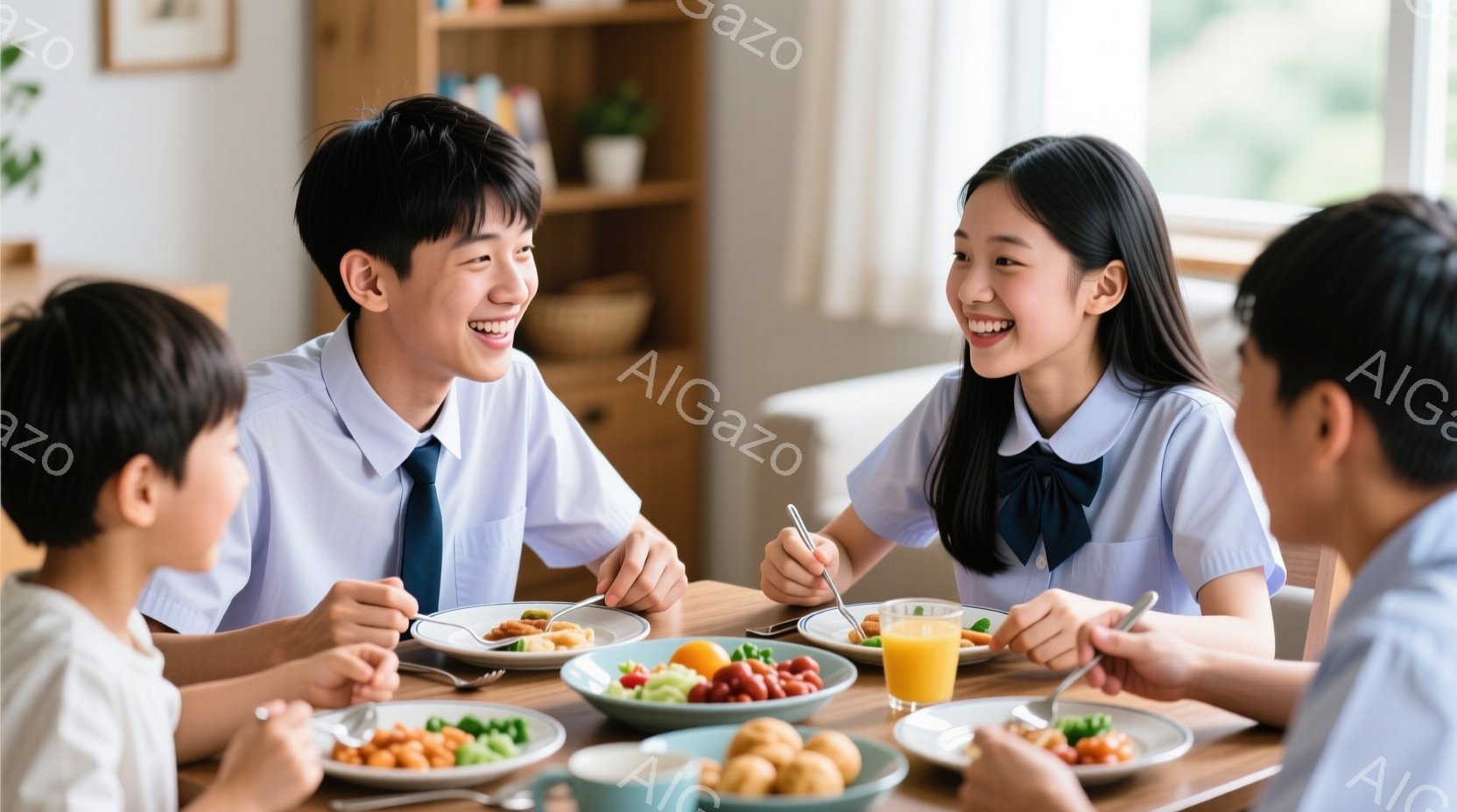 家族が食卓を囲んで朝食をとっている様子が描かれています。子供たちは制服を着ており、笑顔で食事を楽しんでいます。背景には明るいリビングルームと、窓から差し込む自然光が見え、温かく幸せな雰囲気が漂っていま - AI生成フリー素材