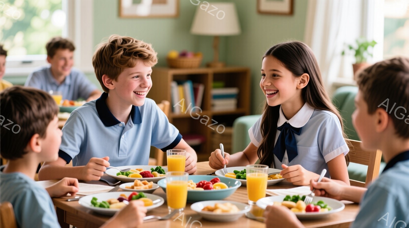 暖かく明るいダイニングルームで、小学校の制服を着た子供たちが円卓を囲んで食事をしている様子が写っている。少年は金髪で、満面の笑みを浮かべ、オレンジジュースのグラスを手にしている。少女は黒髪をきっちりとまとめ、同じように笑顔でフォークとナイフを手にしている。