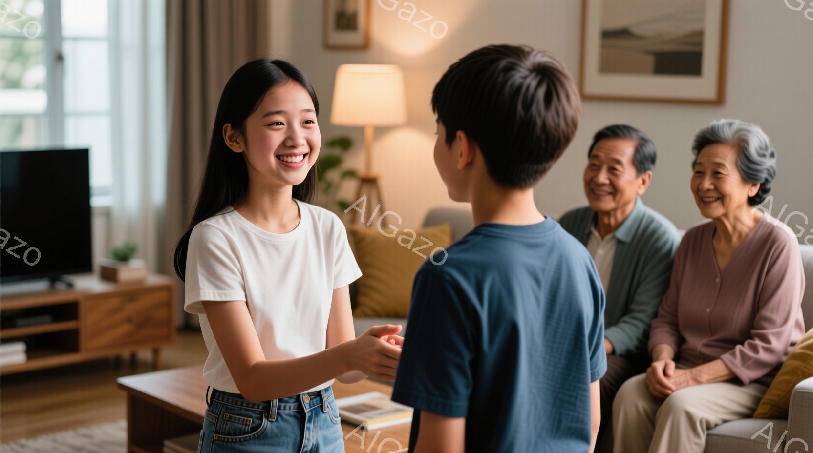 少女は白いTシャツとデニムのズボンを着ていて、明るく微笑んでいます。彼女は少年と向き合い、何かを話しているようです。背景には、ソファーに座る高齢の夫婦がおり、温かく穏やかな家庭の雰囲気が漂っています。 - AI生成フリー素材