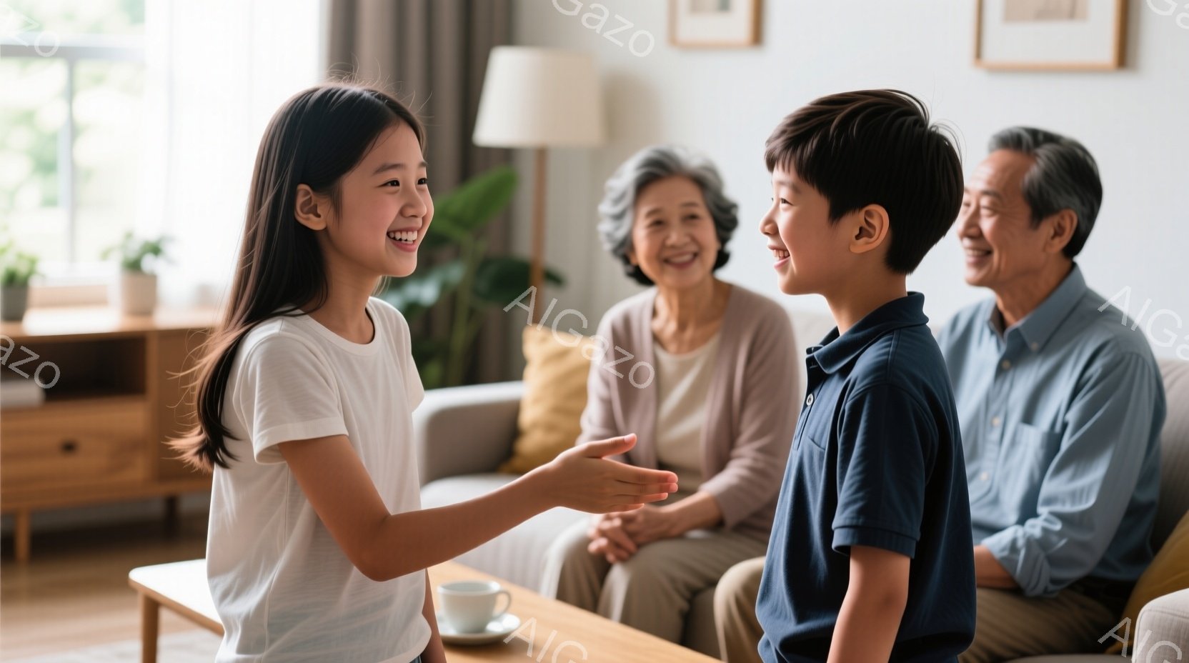 少女と少年がリビングルームで向き合い、握手をしようとしています。少女は白いTシャツを着ており、長い黒髪をしています。彼女は笑顔で、親しみやすい表情をしています。背景には、薄いグレーのセーターを着た年配の女性と、青いシャツを着た年配の男性がソファに座っており、優しく見守っています。