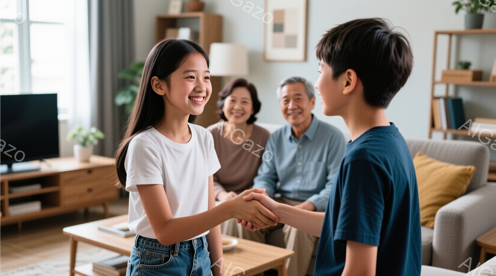若い女性と若い男性が握手をしています。女性は白いTシャツとジーンズを着ており、長くストレートの髪をしています。背景には、ソファーに座っている高齢の夫婦が微笑んでおり、リビングルームのような温かい雰囲気の室内が広がっています。