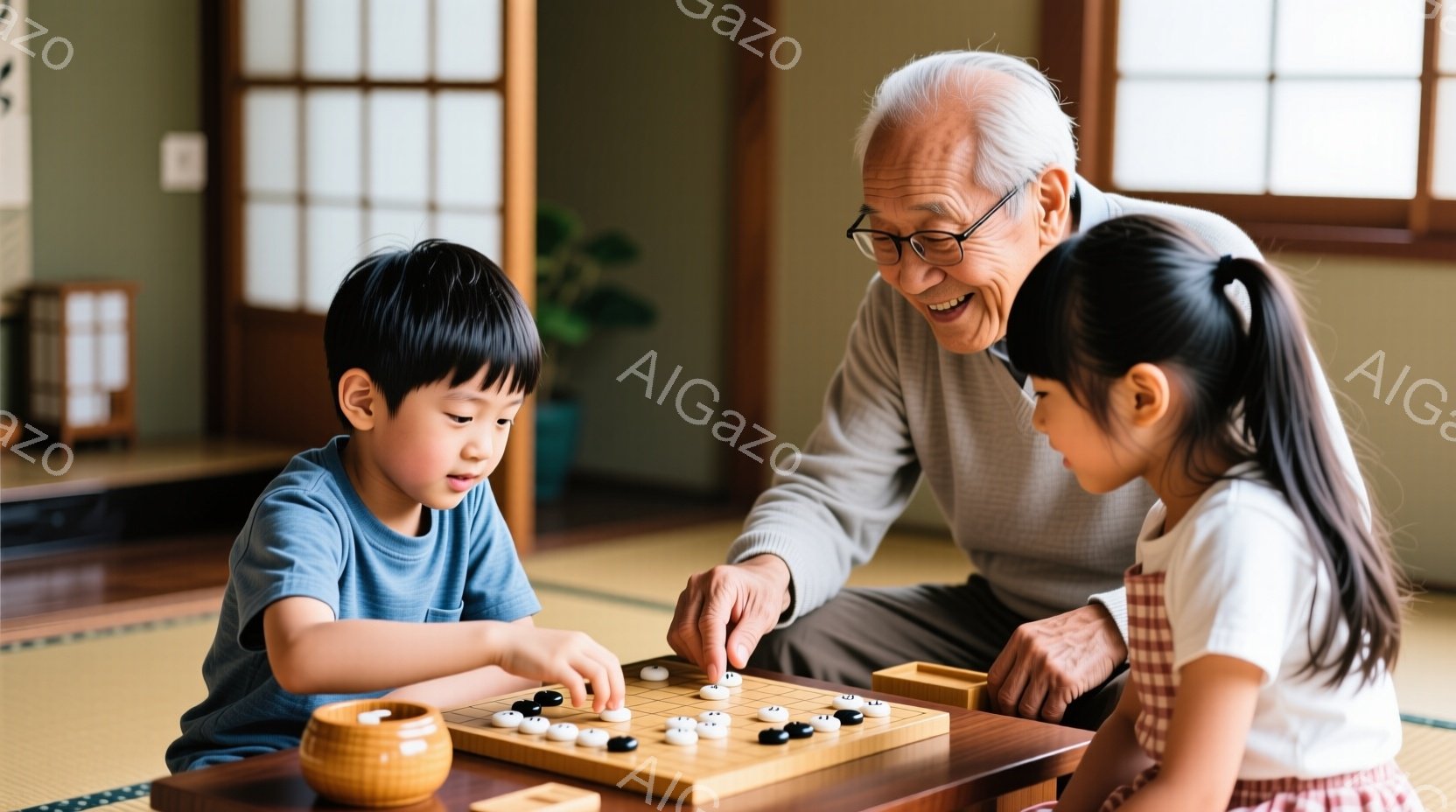 畳の部屋で、少年と少女が年配の男性と囲碁を指している。少年は青いTシャツを着ており、真剣な表情で碁石を見つめている。少女は白いTシャツと赤いエプロン姿で、少し緊張した面持ちで次の手を考えているようだ。 - AI生成フリー素材