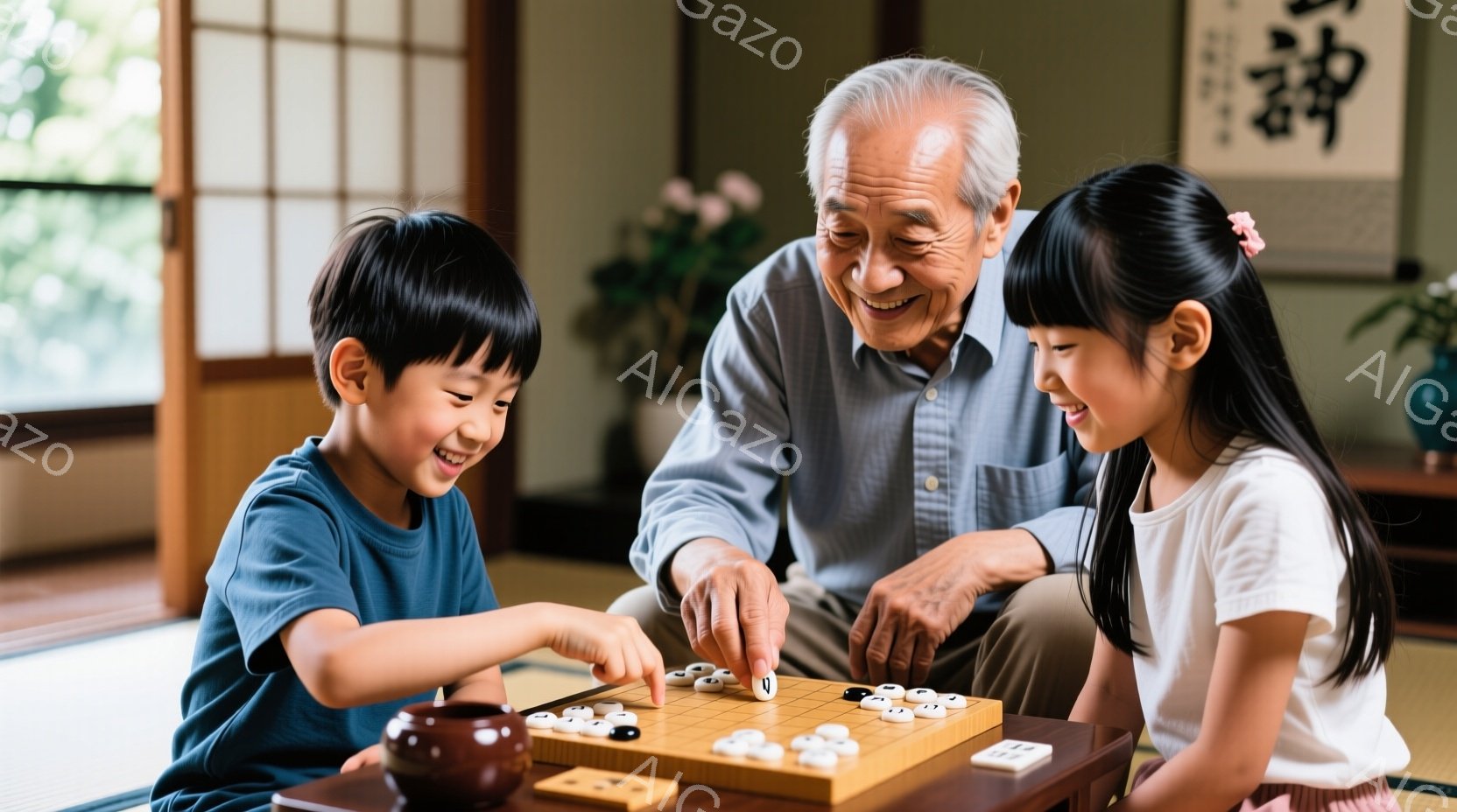 畳の部屋で、おじいさんと二人の子供たちが囲碁を指しています。おじいさんは白いシャツを着ており、子供たちはそれぞれ青いTシャツと白いTシャツを着ています。子供たちは笑顔で囲碁盤を見つめ、おじいさんは石を置く手つきで、穏やかで温かい雰囲気が漂っています。