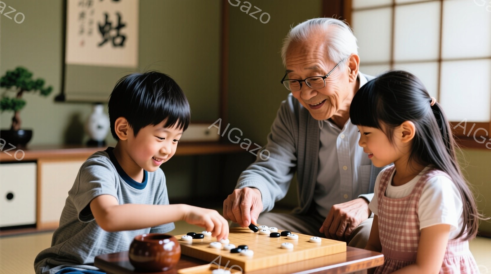 畳の部屋で、若い男の子と女の子が年老いた男性と囲碁を指している。男の子は灰色のTシャツを着ており、女の子はピンクと白のギンガムチェックのワンピースを着て、笑顔で囲碁盤を見ている。背景には掛け軸と盆栽があり、部屋全体が温かく、穏やかな雰囲気である。