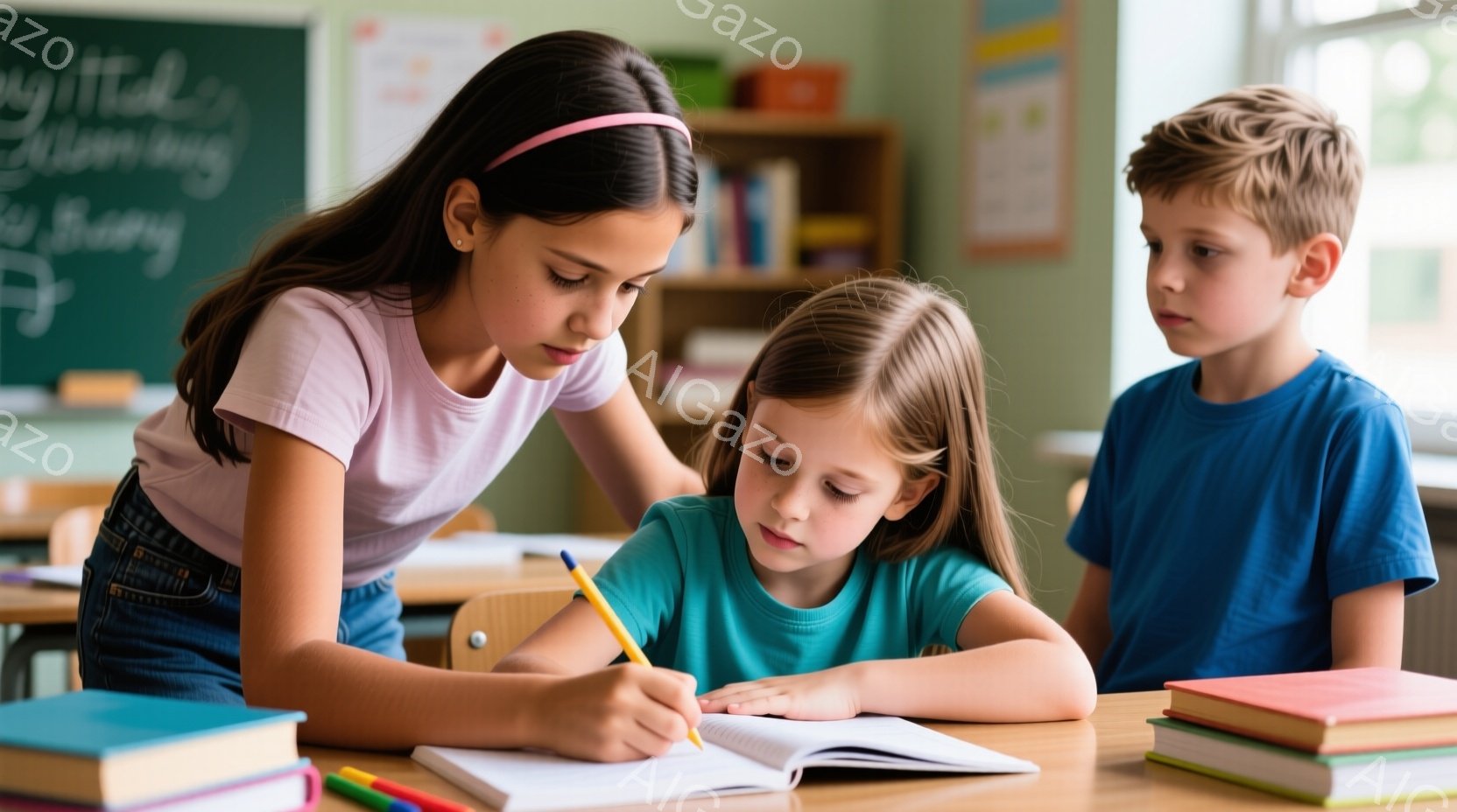 教室の中で、一人の少女がもう一人の少女に何かを教えている様子が描かれています。教える少女は、ダークブラウンのロングヘアにヘアバンドをしており、薄いピンク色のTシャツとジーンズを着用しています。教えてもらう少女は、金髪で、ターコイズブルーのTシャツを着て、集中して書き込みをしており、背景には積み重ねられた本と黒板が見えます。