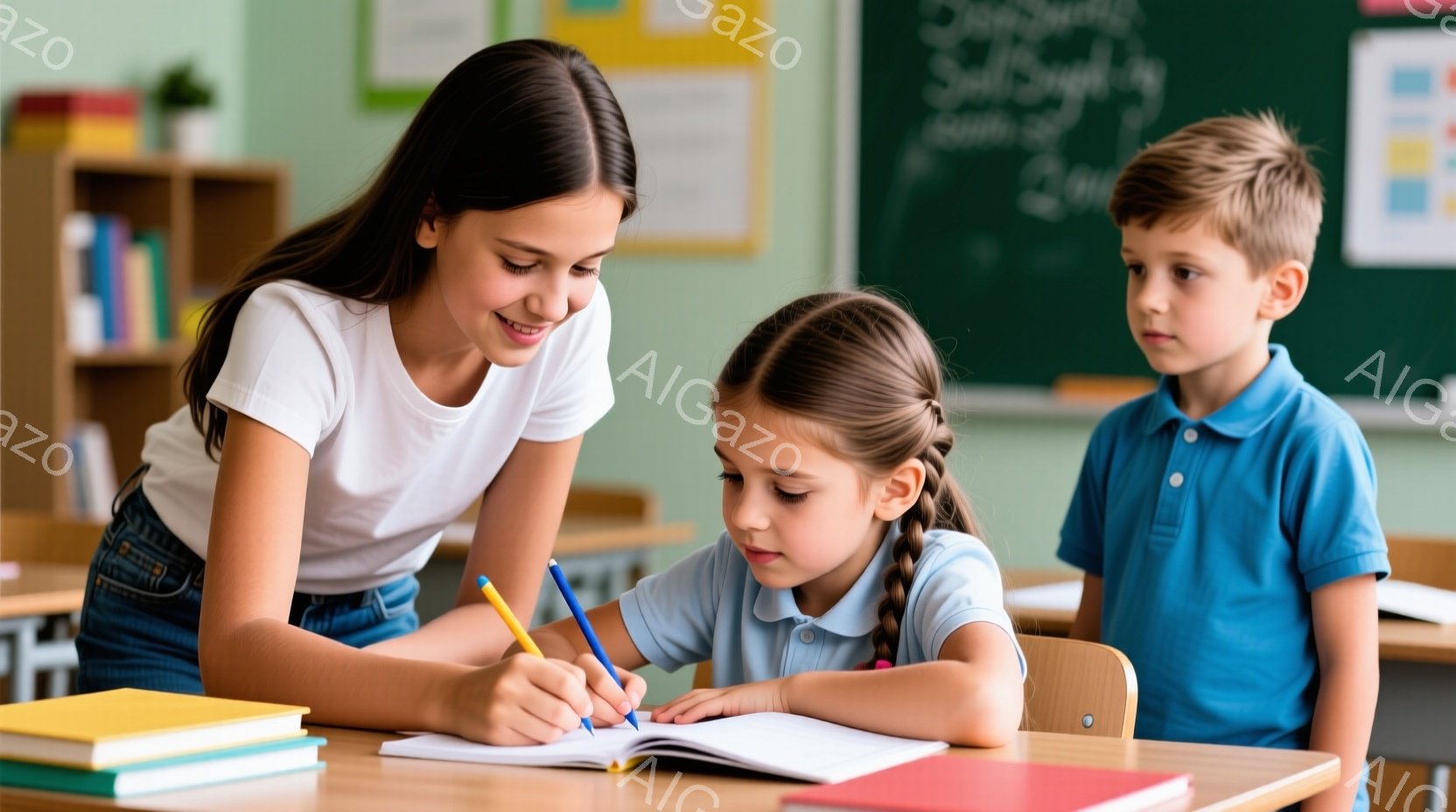茶髪で三つ編みの少女が机に向かって何かを書き込んでおり、年上の女性が彼女の肩越しに覗き込み、優しく指導している様子が伺える。背景には、他の生徒と思われる少年が立っており、教室の棚には本が並んでいる。全 - AI生成フリー素材