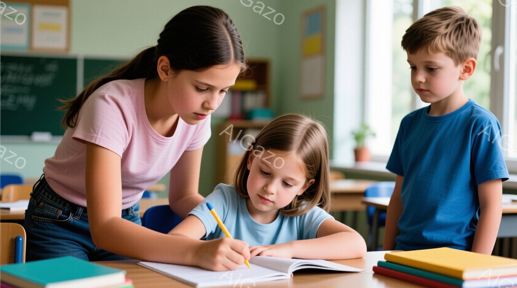 少女が机に向かって書き込みをしている写真です。年上の少女が彼女の肩越しに覗き込み、何かを教えているようです。背景には教室の机と椅子が見え、明るい雰囲気の中に学びの空間が広がっています。