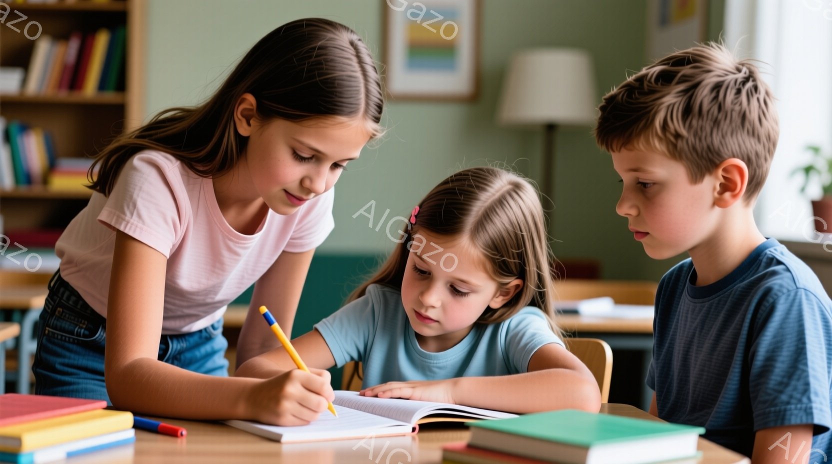 三人の子供たちが机を囲み、勉強している様子が写っている。髪をポニーテールにした少女が、下を向いてノートに何か書き込んでいる別の少女にアドバイスしているように見える。背景には本棚と椅子が見え、教室のよう - AI生成フリー素材