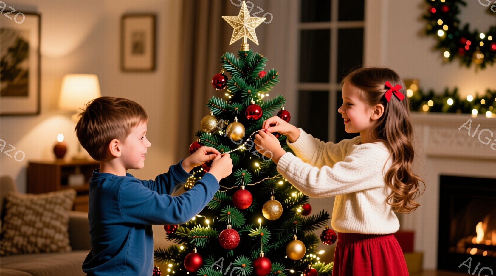 少年と少女がクリスマスツリーを飾り付けている。少年は青いセーターを着ており、少女は白いセーターと赤いスカートを着ていて、髪には赤いリボンをつけている。背景には暖炉があり、暖かい雰囲気が漂っている。 - AI生成フリー素材