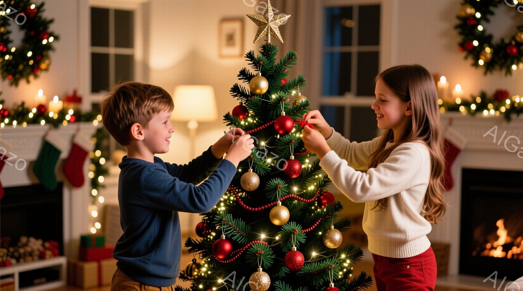 赤毛の少年と茶髪の少女がクリスマスツリーを飾り付けている。少年は紺色のセーターとベージュのズボンを身に着け、少女は白いセーターと赤いズボンを着用しており、顔には笑顔が見られる。背景には暖炉、クリスマス - AI生成フリー素材