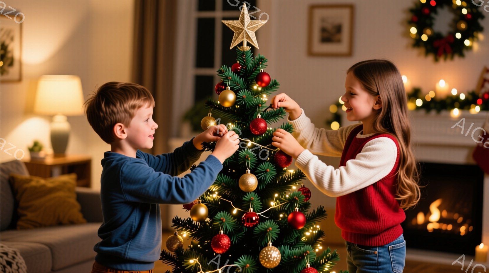 クリスマスツリーの飾り付けをする少年少女が写っている。少年は青いセーターを着ており、少女は赤いセーターとジーンズを着ていて、共に笑顔でオーナメントをツリーに飾り付けている。背景には暖炉やクリスマスリー - AI生成フリー素材