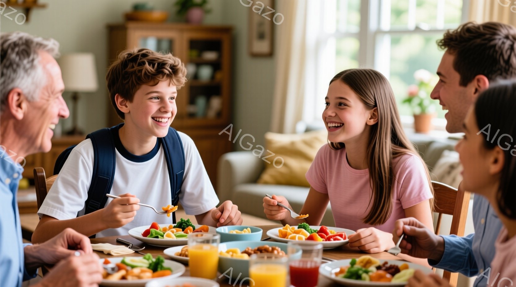 暖炉のある明るいリビングで、家族が食卓を囲んで食事を楽しんでいます。少年は白いTシャツを着ており、笑顔で食事をとっています。少女はピンクのシャツを着ており、同じく明るい表情で食事を楽しんでいます。 - AI生成フリー素材