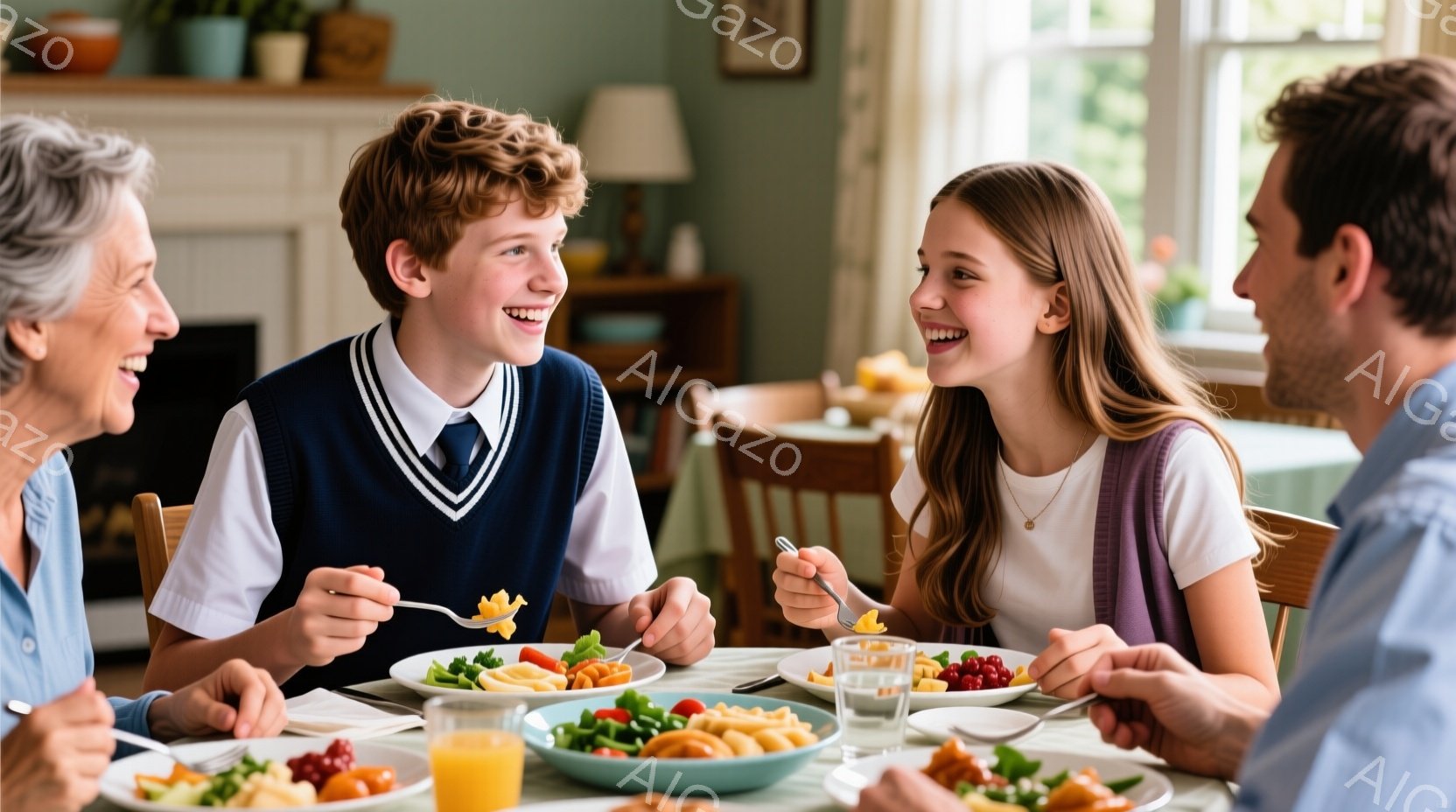 家族が食卓を囲み、楽しそうに食事をしている様子が写っている。少年は紺色のベストと白シャツを着ており、笑顔で何かをフォークで刺している。少女は白いTシャツに紫色のオーバーオールを着ており、同じように嬉し - AI生成フリー素材