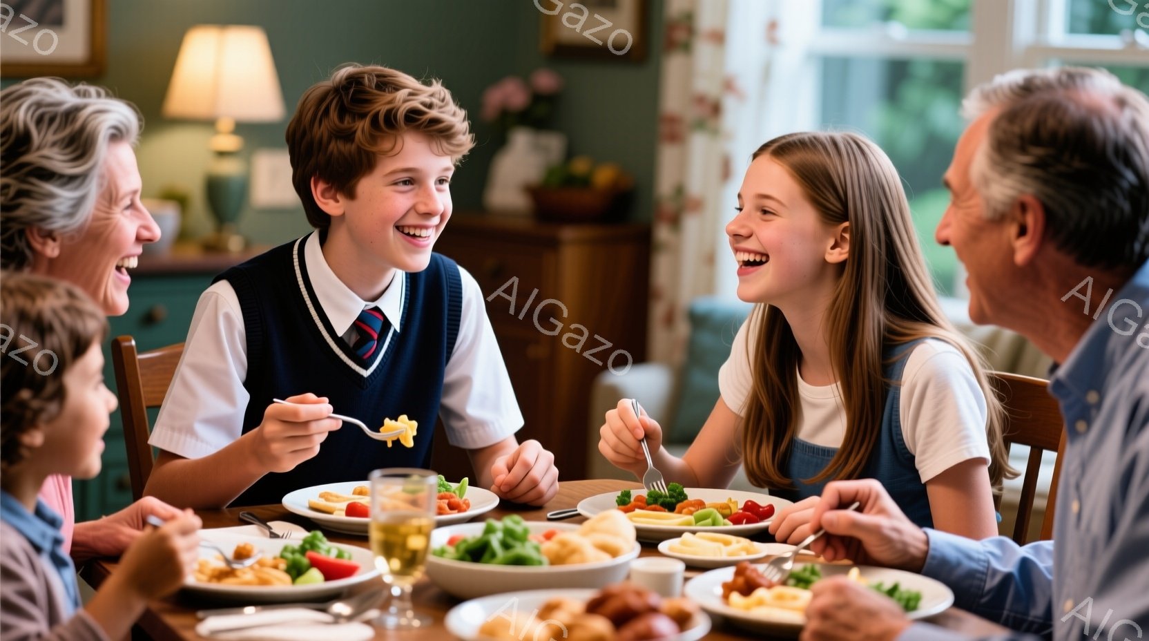 暖炉のある明るいダイニングルームで、家族が食事を楽しんでいる様子が写っている。少年はネイビーのセーターベストと白シャツを着ており、笑顔でフォークで食べ物を刺している。少女は白いTシャツと青いオーバーオ - AI生成フリー素材