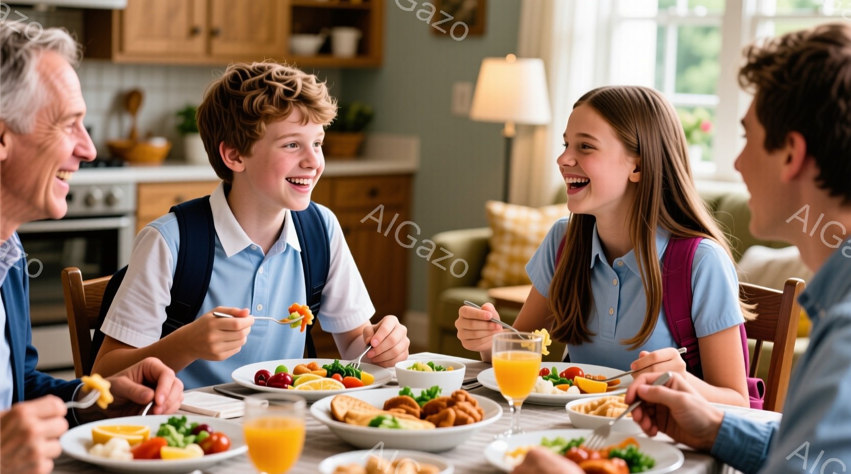 暖かく明るいキッチンで、家族が食卓を囲んで食事を楽しんでいる様子が描かれています。少年は金髪で、青いシャツを着て、サラダをフォークでつつきながら笑顔を見せています。少女も同じように青いシャツを着ており、輝く笑顔で何かを話しているようです。