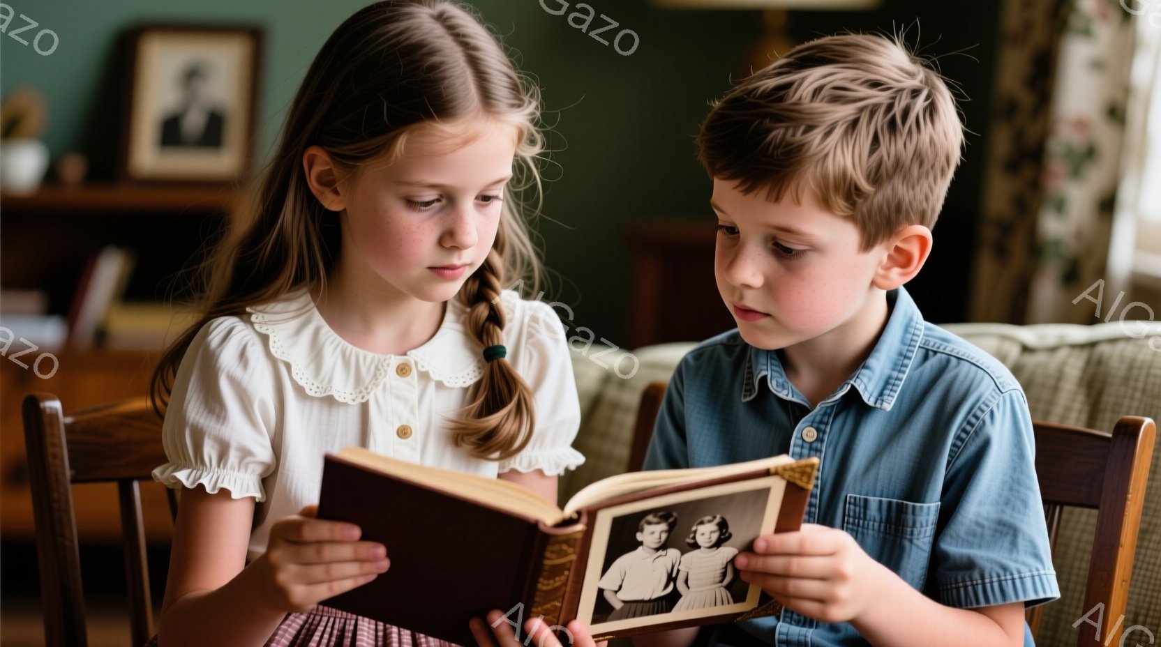 二人の子供が古いアルバムを熱心に見ている様子が写っている。女の子は赤いリボンで結んだ髪を持ち、白いブラウスと赤い縞模様のスカートを着ている。男の子は水色のシャツを着ており、二人ともアルバムの中身に集中した表情をしている。