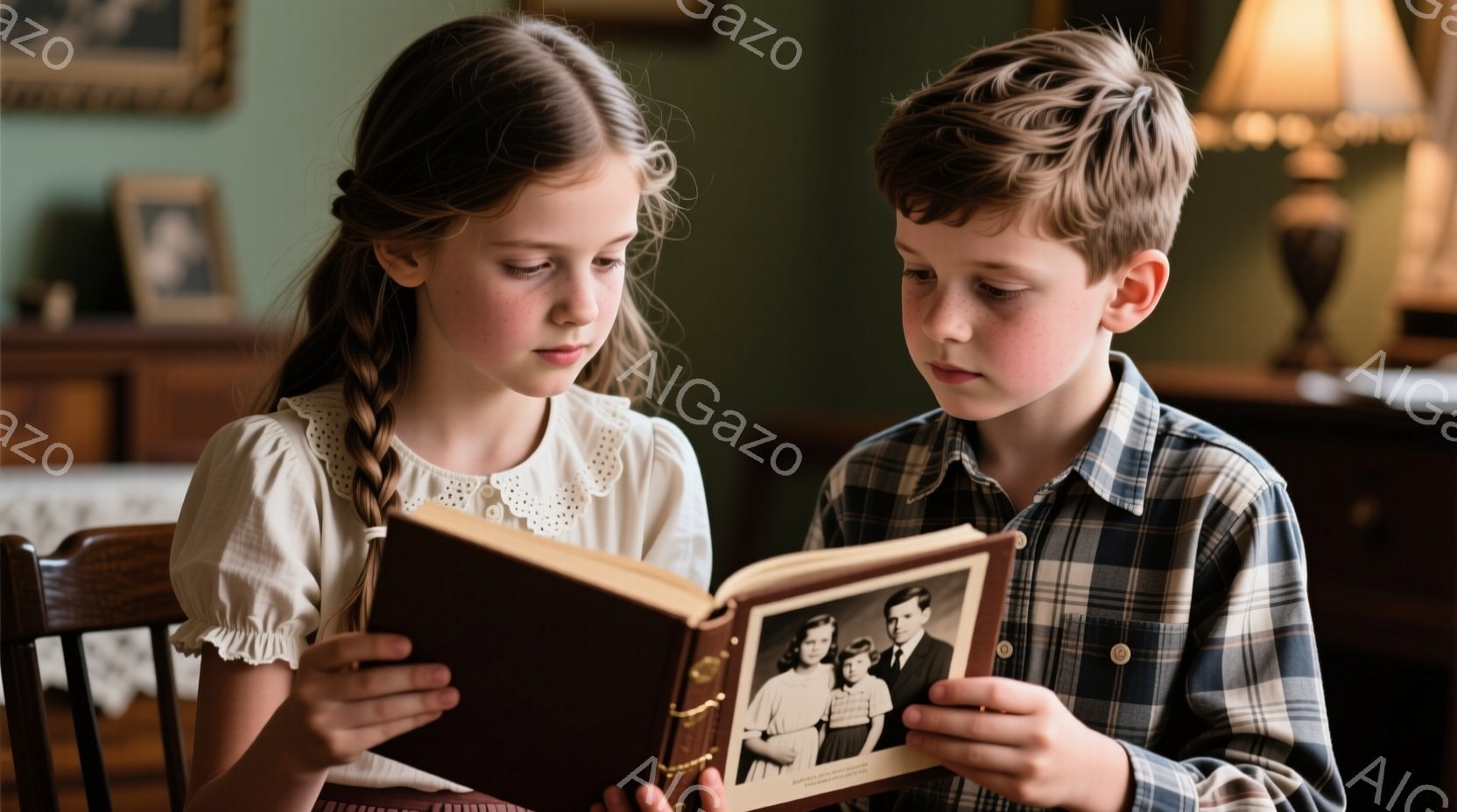 少女と少年がアルバムを見つめています。少女は三つ編みで、クリーム色のブラウスを着ており、真剣な表情でページを覗き込んでいます。少年はチェック柄のシャツを着ており、同じようにアルバムに集中して見つめてお - AI生成フリー素材