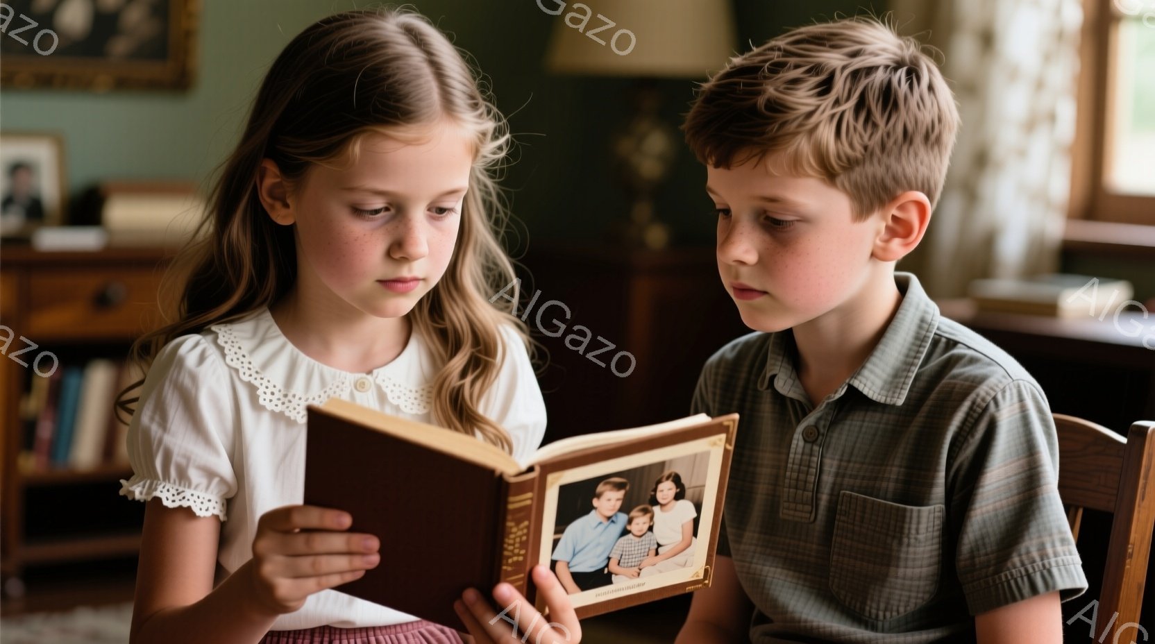 小さな女の子と男の子が、古びたアルバムを一緒に見ています。女の子は白いレース襟のブラウスと赤いスカートを着ており、長い髪を肩から下まで伸ばしています。男の子はチェックのシャツを着ており、真剣な表情でアルバムの中身を見つめており、二人は椅子に座って、落ち着いた雰囲気の中で家族の思い出を振り返っているようです。