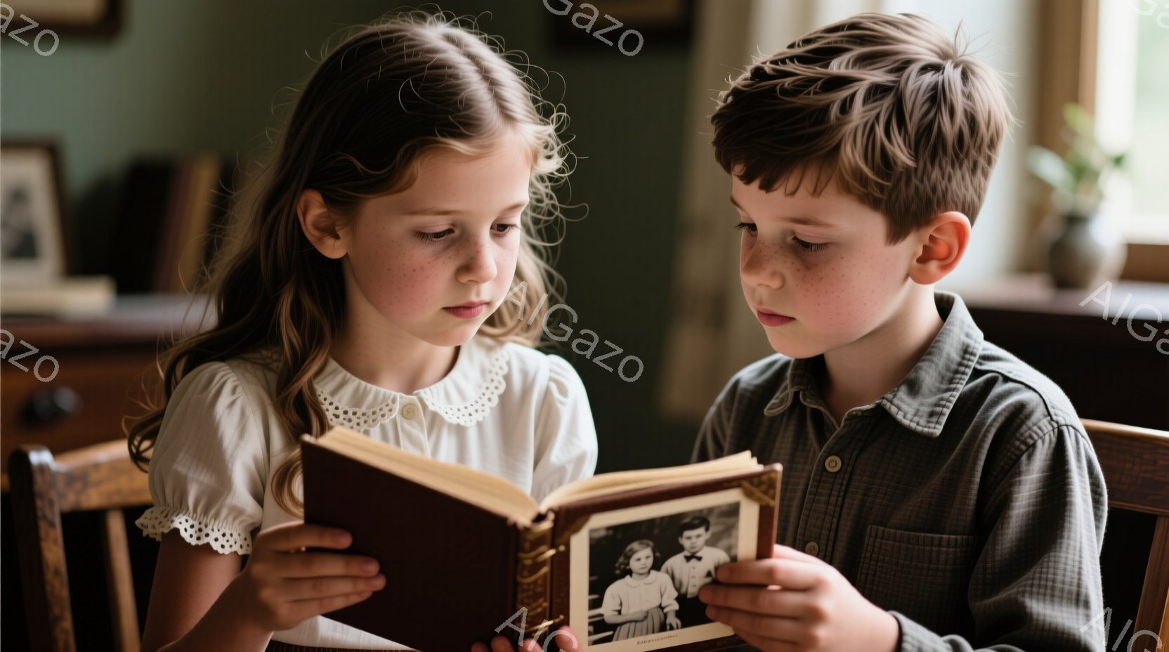 二人の子供が古いアルバムを熱心に見ています。少女はクリーム色のブラウスに、少年は濃いグレーのシャツを着ており、どちらも真剣な表情をしています。背景には木製の椅子と、ぼやけた壁、そしてほのかな光が見え、温かくノスタルジックな雰囲気を醸し出しています。
