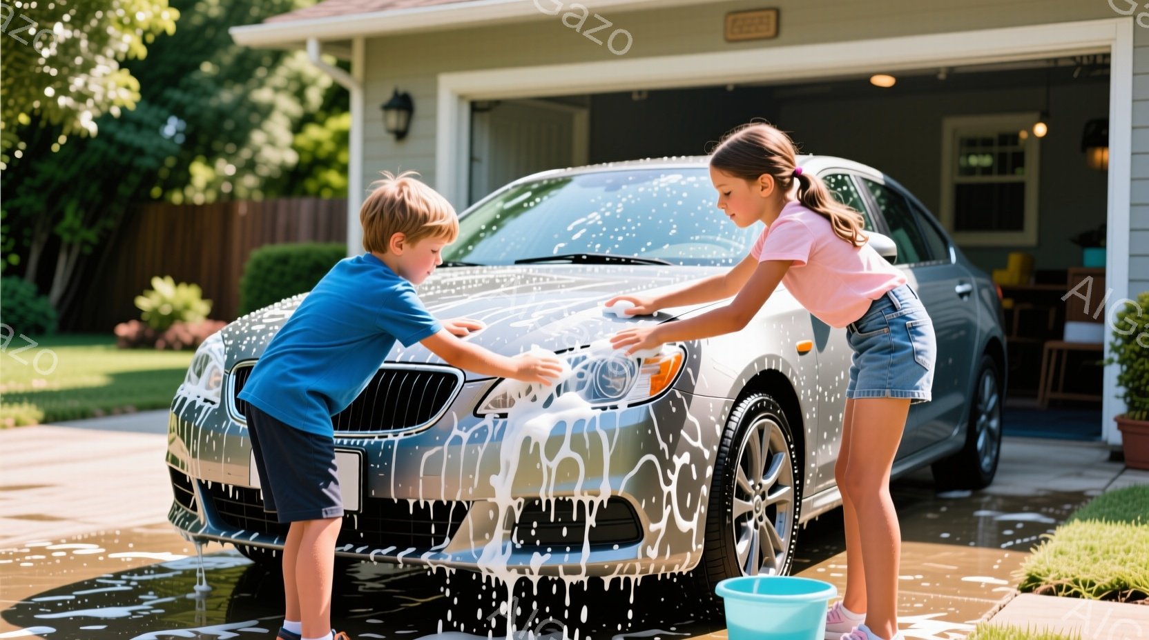 少年と少女が車を洗っています。少年は青いTシャツと短いズボンを着ており、髪は短く切られています。少女はピンクのTシャツとデニムのショートパンツを着て、髪は後ろでポニーテールにしています。
