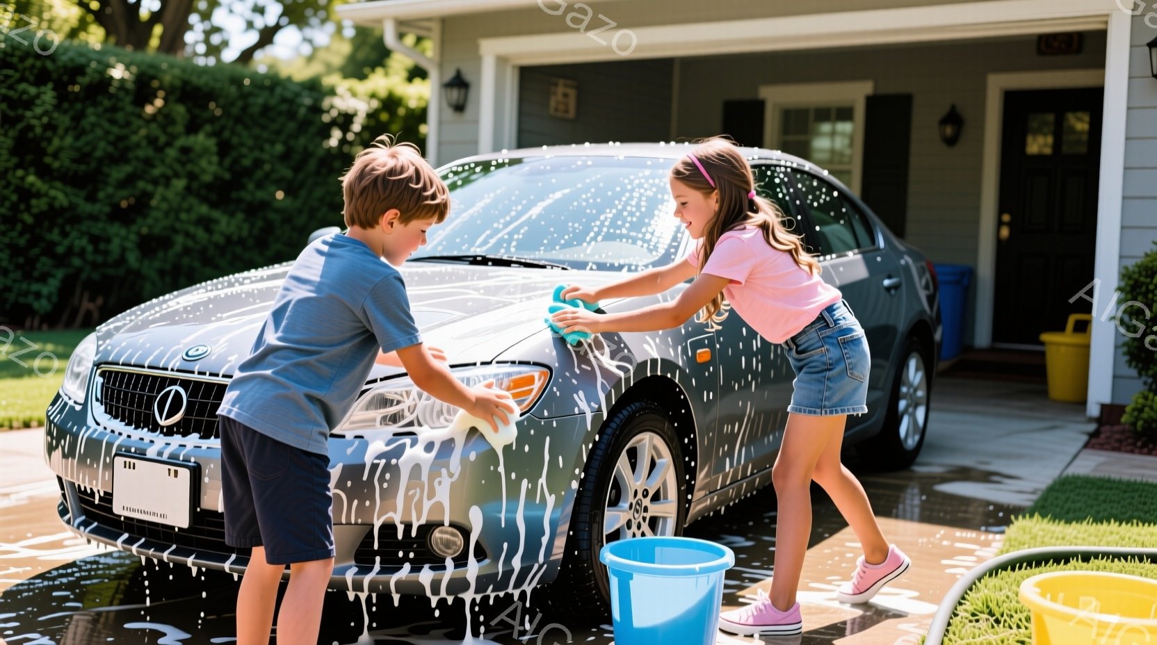 少年と少女が屋外で車を洗っている様子が写っている。少年は短い茶色の髪で、紺色のTシャツと短パンを着ており、車にスポンジを当てている。少女は三つ編みの髪でピンクのTシャツとデニムの短パンを着用し、熱心に車の側面を洗っている。