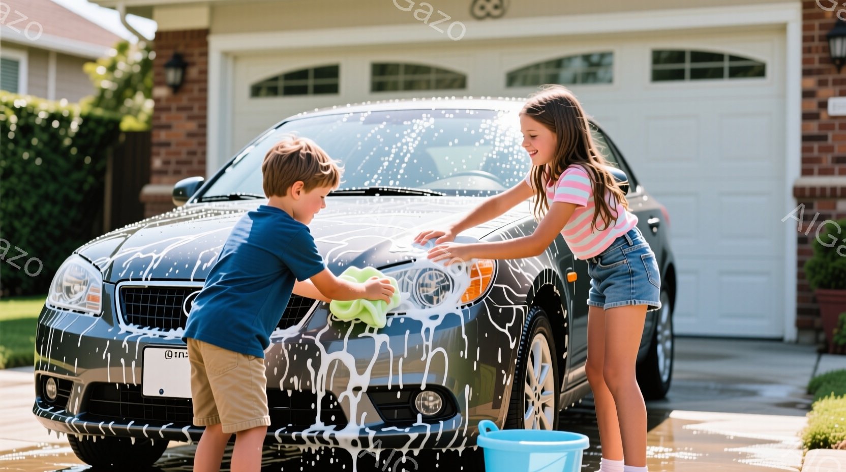 少年と少女が黒い車を洗車しています。少年は青いシャツとベージュのショーツを着用し、濡れたスポンジで車のボンネットを磨いています。少女はピンクと白のストライプのシャツとジーンズのショートパンツを着用し、洗車バケツを持って車に近づいています。背景にはレンガ造りの家と緑の木々が見え、晴れた日の穏やかな雰囲気です。