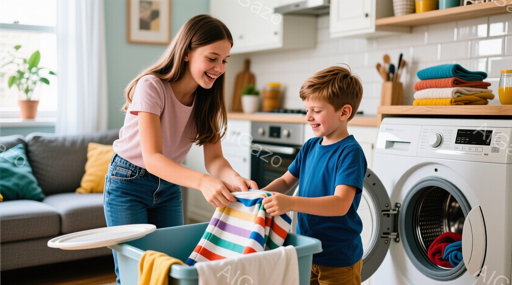 洗濯物を運ぶ若い女性と少年が写っています。女性はピンク色のTシャツとジーンズを着て、髪は長く茶色です。少年は青いTシャツと黄色のズボンを着用し、笑顔で洗濯物をバスケットに入れています。