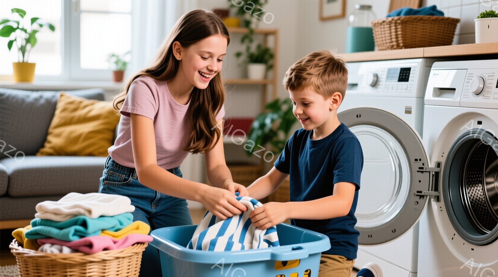 少女と少年が洗濯物を畳んでいます。少女はピンクのTシャツにジーンズを着ており、髪は長く茶色で、笑顔で洗濯物を畳んでいます。少年は青いTシャツを着ており、洗濯バスケットから縞模様のタオルを取り出し、嬉しそうにしています。