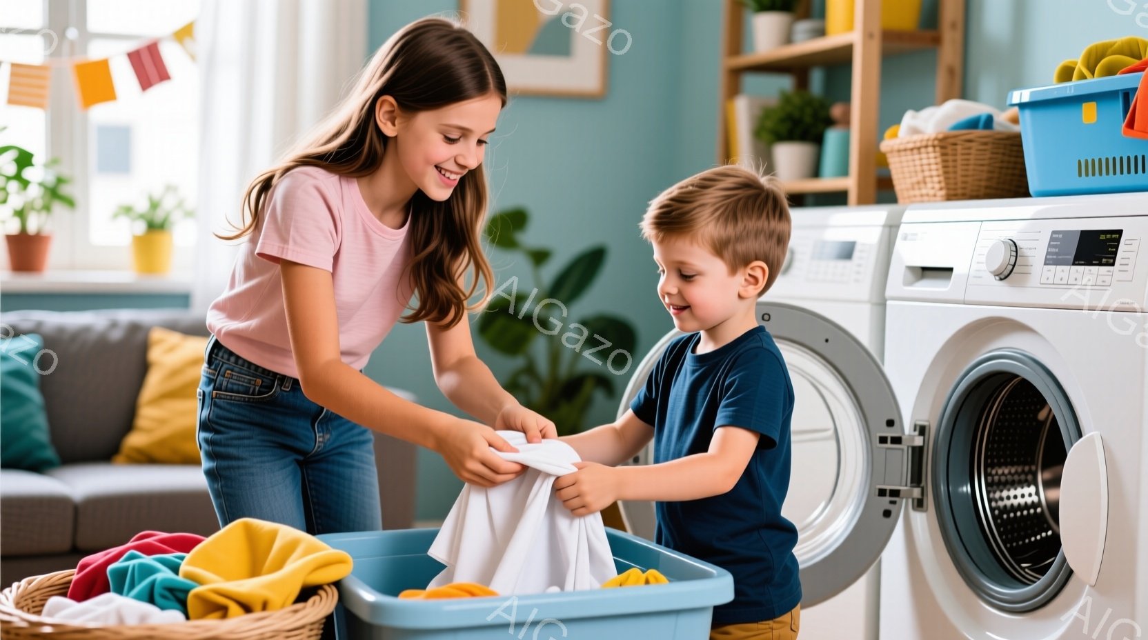 少女と少年が洗濯物を畳んでいます。少女はピンク色のTシャツとジーンズを着ており、長く茶色の髪をしています。少年は青いTシャツとオレンジ色のズボンを着用し、笑顔で少女から白いシャツを受け取っています。