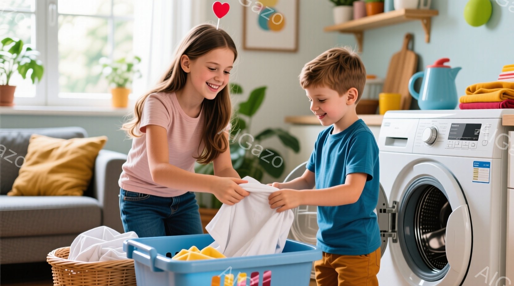 少女と少年が洗濯物を分けている室内が描かれている。少女はピンク色のトップスにジーンズで、髪は長く茶色で笑顔を見せている。少年は青いシャツに黄色のズボンを着用し、洗濯物を持っている。