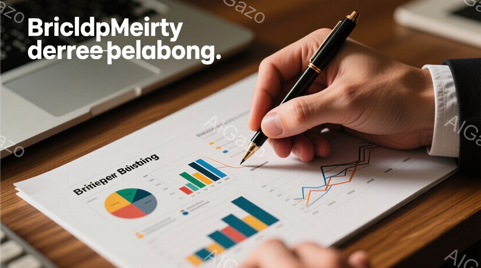 グラフとレポートが広がる木製の机の上で、ペンを持っている男性の手が写っている。レポートとグラフは様々な色の棒グラフや円グラフで構成され、ビジネスやデータ分析を連想させる。全体的に落ち着いたトーンで、集中した雰囲気とプロフェッショナルな印象を与える。