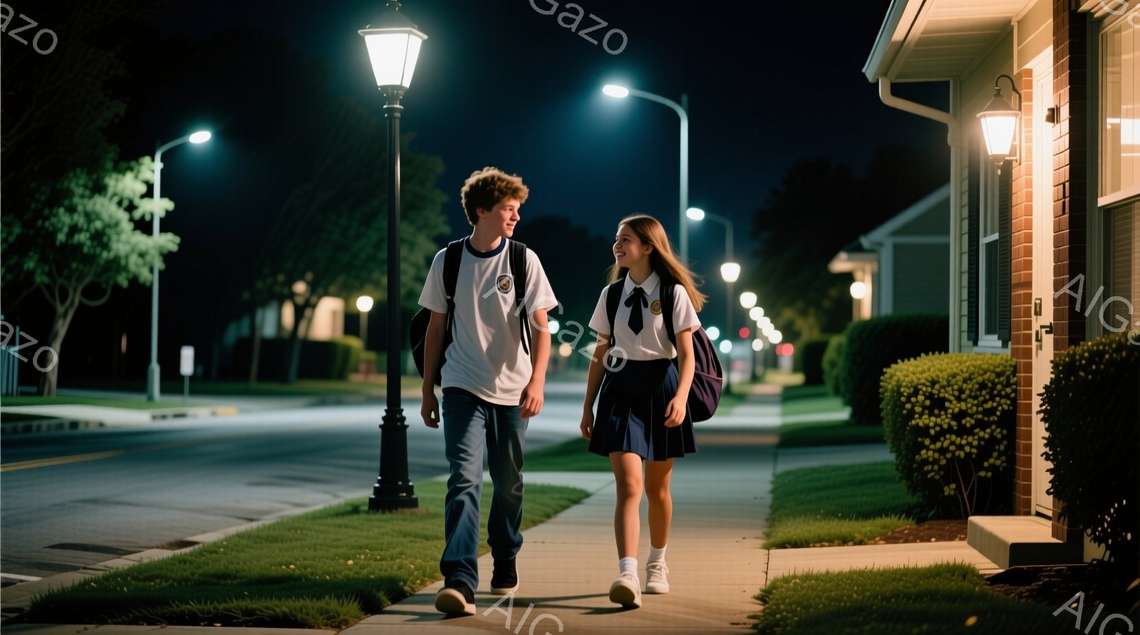 若い男女が歩道を歩いている。少年は、茶髪で、白いTシャツ、ジーンズ、スニーカーを履いており、笑顔で少女を見つめている。少女は、ロングヘアで、白いブラウスと紺色のスカート、スニーカーを履いており、少年に微笑みながら歩いている。背景には、整然と並んだ住宅、緑の芝生、街灯があり、夜の穏やかな雰囲気を醸し出している。