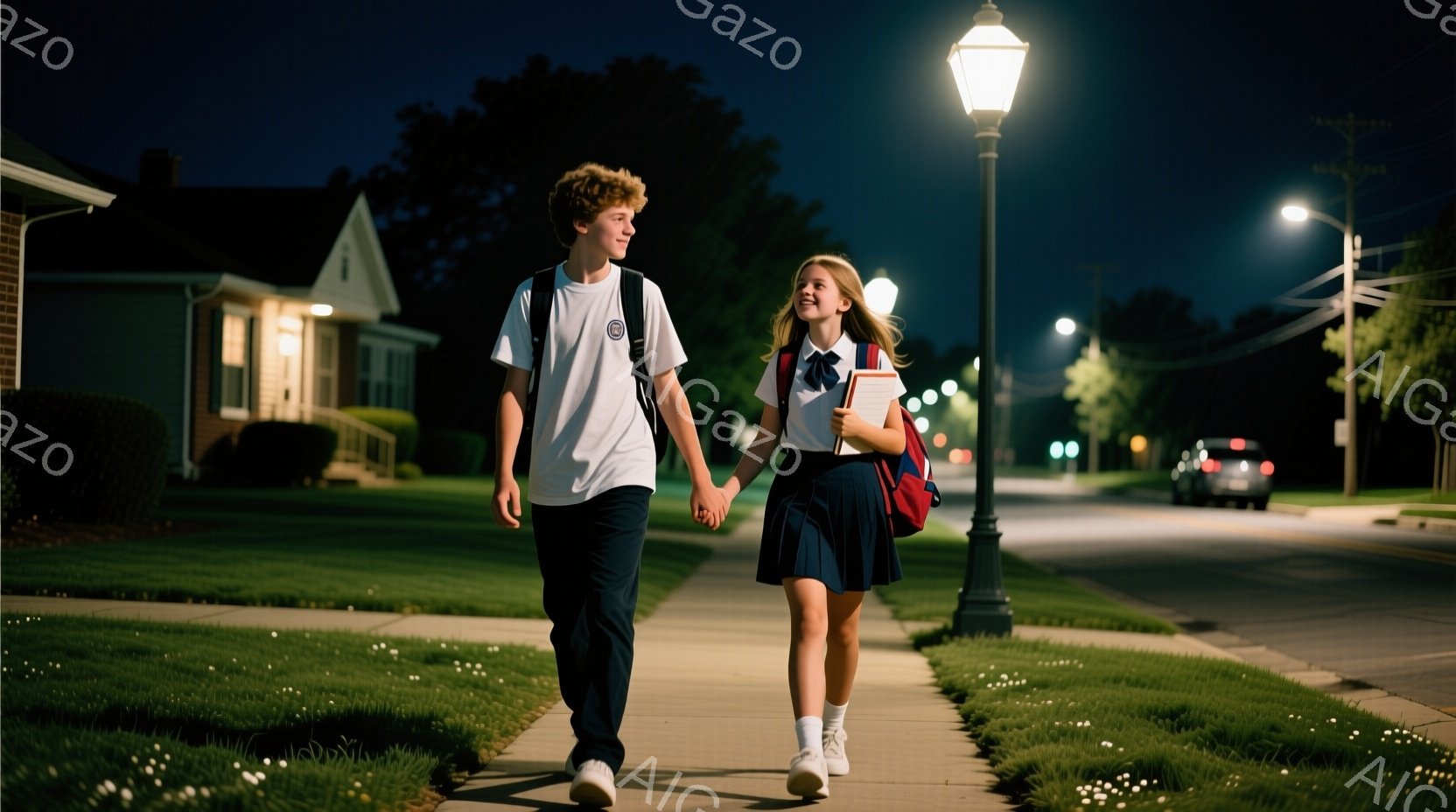 若い男女が夜の住宅街の歩道を並んで歩いている。少年は白のTシャツと濃い青色のズボン、少女は白いブラウスと青色のスカートを着用し、それぞれリュックサックを背負っている。両者は手を繋ぎ、リラックスした表情 - AI生成フリー素材