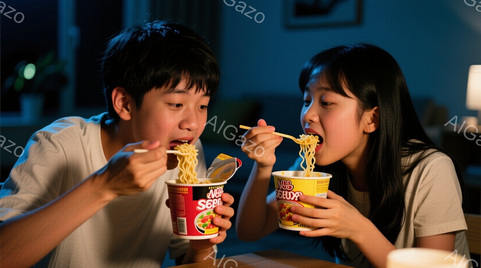 若い男女がインスタントラーメンを食べている様子が写っている。彼らは黄色いTシャツを着ており、男性は短髪、女性はロングヘアで、どちらも笑顔で麺を口に運んでいる。背景は薄暗い部屋で、テーブルの上にラーメンが置かれ、親密でカジュアルな雰囲気が漂っている。