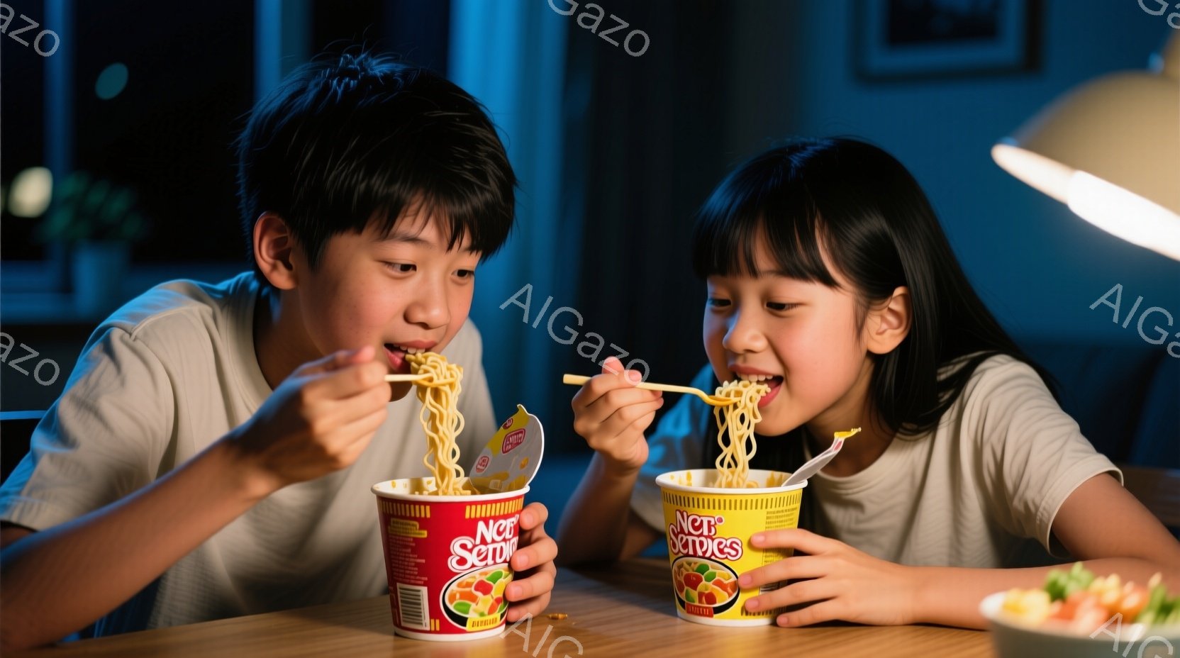 少年と少女が、それぞれインスタントラーメンを箸で食べている様子が写っている。少年は短い黒髪で、赤いTシャツを着ており、集中してラーメンをすする表情をしている。背景には木製のテーブル、サラダ、そしてぼや - AI生成フリー素材