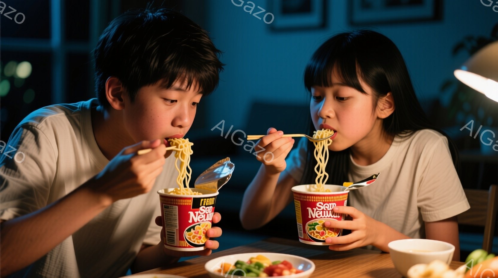少年と少女がそれぞれインスタントラーメンを食べている様子が写っている。少年は短い黒髪で、白のTシャツを着ており、真剣な表情でラーメンに集中している。少女はロングヘアでピンクのTシャツを着ており、少し微 - AI生成フリー素材