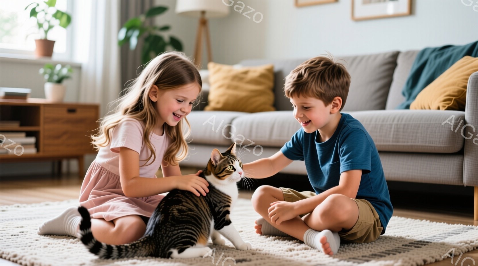 少女と少年が床に座り、縞模様の猫を優しく撫でています。少女は薄いピンクのドレスを着ており、長い髪はゆるく巻かれています。少年は青いTシャツとカーキ色の短パンを着ており、二人とも満面の笑みを浮かべており - AI生成フリー素材