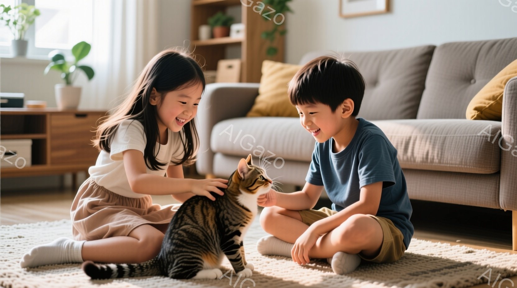 少女と少年が、明るいリビングルームの床に座り、縞模様の猫と戯れています。少女はピンク色のワンピースを着ており、長い髪は自然に垂れ下がっています。少年は青いTシャツと短パン姿で、猫を見つめながら笑顔を浮 - AI生成フリー素材