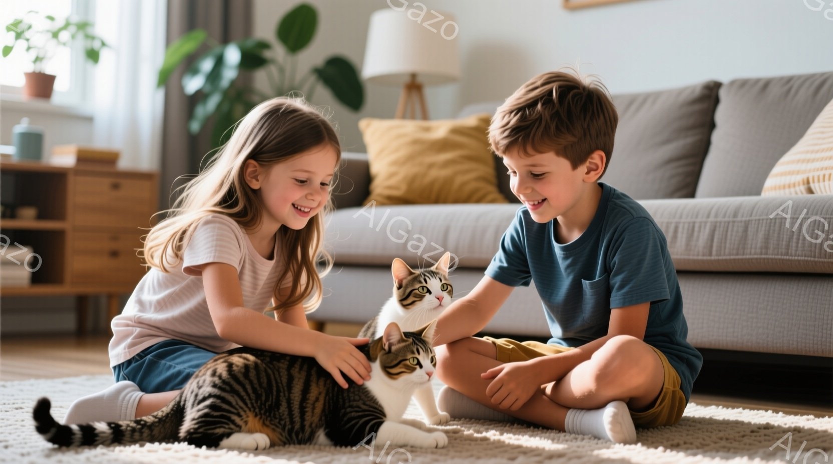 少女と少年が、縞模様の猫と一緒に床に座って遊んでいます。少女はピンクのシャツを着ており、長い茶色の髪をしています。少年は青いTシャツと短いズボンを着用し、どちらも笑顔で猫に触れ合っています。背景には、 - AI生成フリー素材