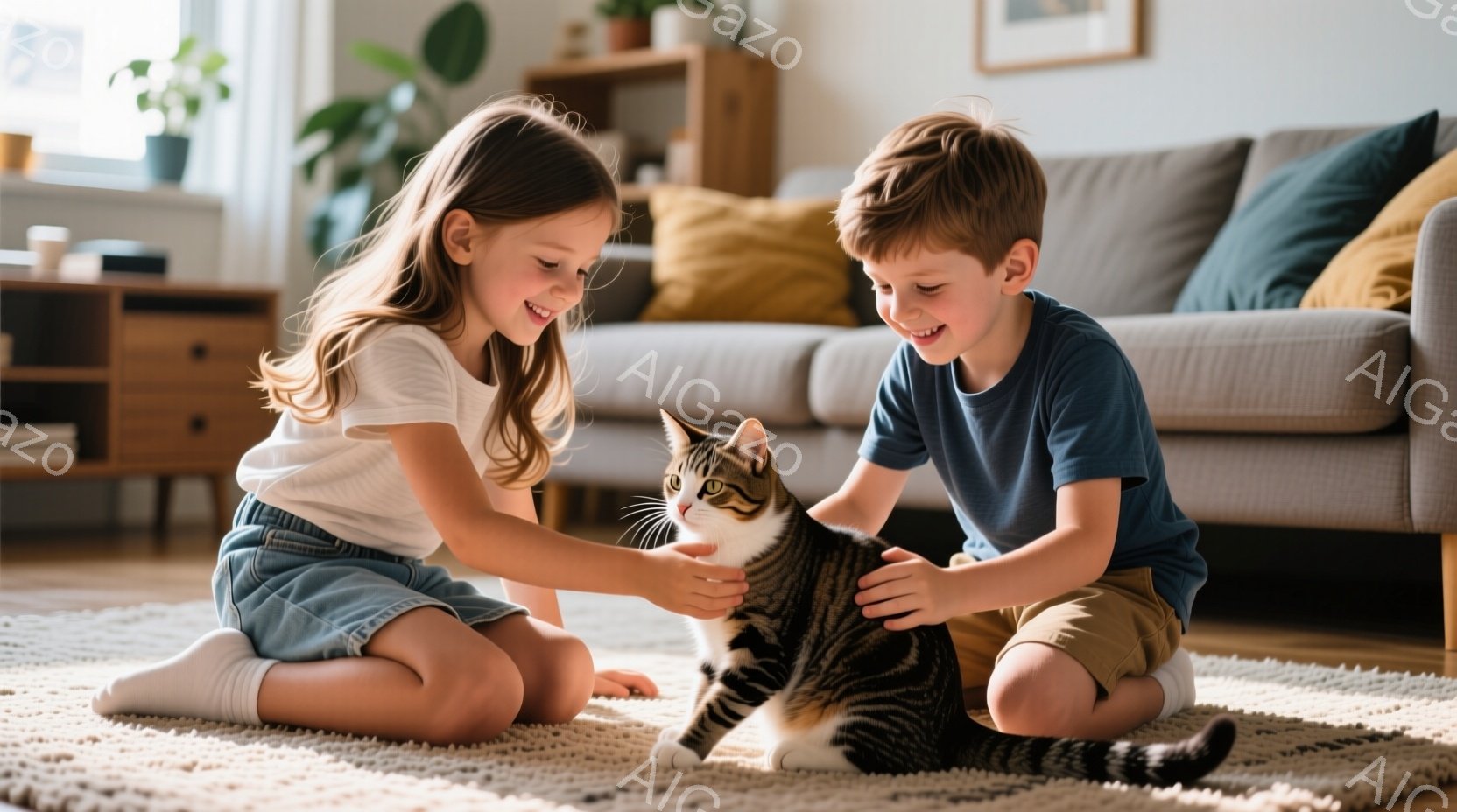 金髪の少女と茶髪の少年が床に座り、縞模様の猫と戯れています。少女は白いTシャツとデニムのショートパンツ、少年は青いTシャツとベージュのショートパンツを着ており、どちらも笑顔で猫に手を伸ばしています。背 - AI生成フリー素材