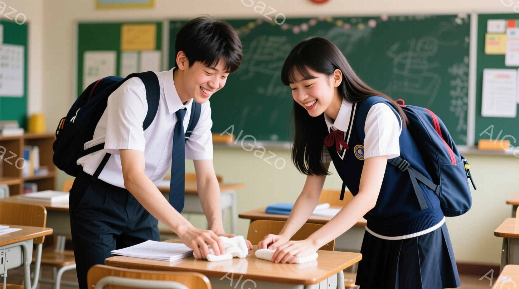 制服を着た男女の学生が教室で机を拭いています。男の子は白いシャツに濃い青のブレザー、女の子は白いブラウスにネイビーのセーラー服を着ており、共にリュックサックを背負っています。二人は笑顔で机に身を乗り出 - AI生成フリー素材