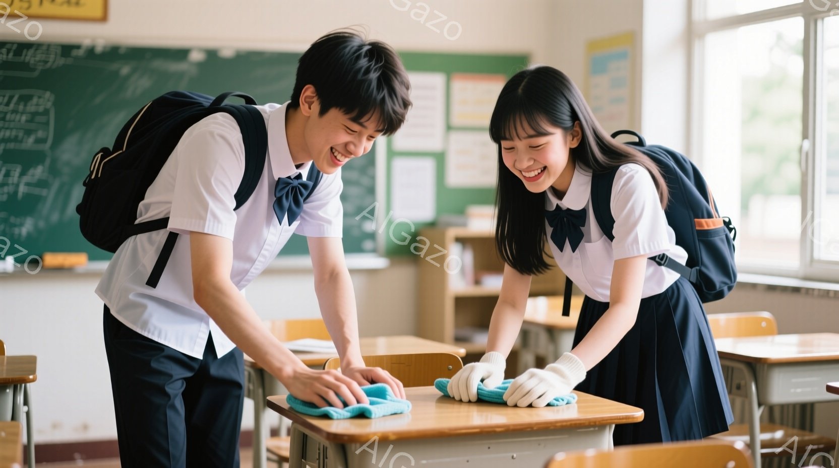 制服を着た男子生徒と女子生徒が教室で机を拭いています。男子生徒は黒髪で、少し微笑みながら机を拭いており、女子生徒はロングヘアで明るく笑いながら、同じように机を拭いています。教室には木製の机と椅子が並び、壁には黒板があり、清潔で明るい雰囲気が漂っています。