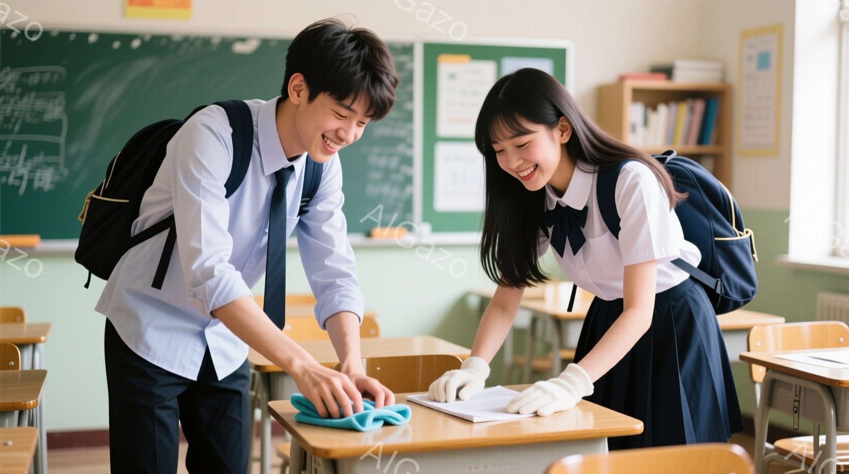 制服を着た男子生徒と女子生徒が教室で机を拭いています。男子生徒は白いシャツにネクタイ、紺色のブレザー、黒いズボンを着用し、女子生徒は白いブラウスにネクタイ、紺色のブレザー、プリーツスカートを着用しています。二人は笑顔で、協力して教室を掃除している様子から、明るくポジティブな雰囲気が伝わってきます。