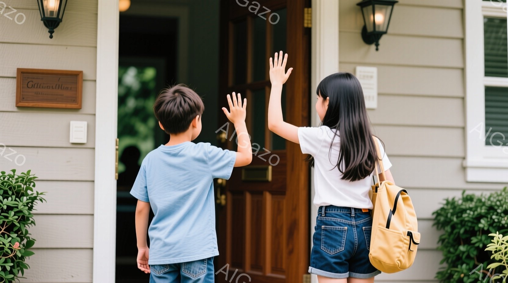 庭の緑に囲まれた家の入り口で、少年と少女が互いに手を振っています。少年は水色のTシャツとジーンズ姿で、少女は白いTシャツとデニムのショートパンツ、そして黄色いリュックサックを背負っています。明るい日差しと穏やかな雰囲気から、別れの挨拶か、再会を祝う場面であることが推測できます。