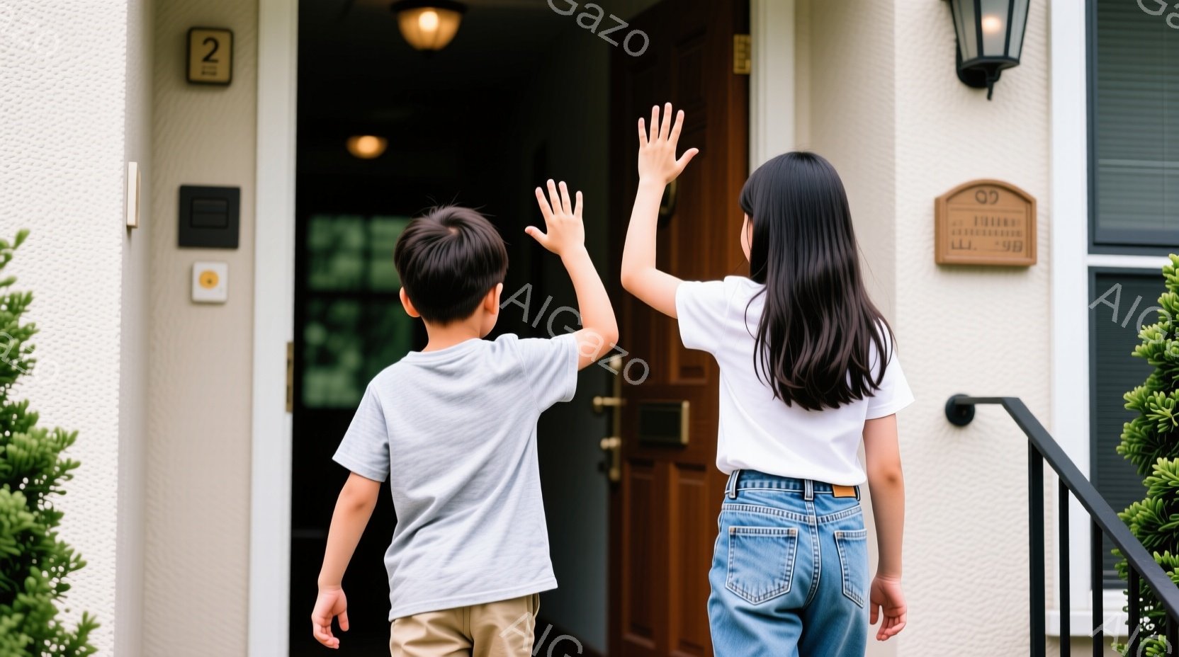 幼い男の子と女の子が家の外でハイタッチをしている様子が写っている。男の子は薄いグレーのTシャツとベージュ色のズボンを着用し、女の子はデニムジャケットとジーンズを着用している。背景には木製のドアと緑豊か - AI生成フリー素材