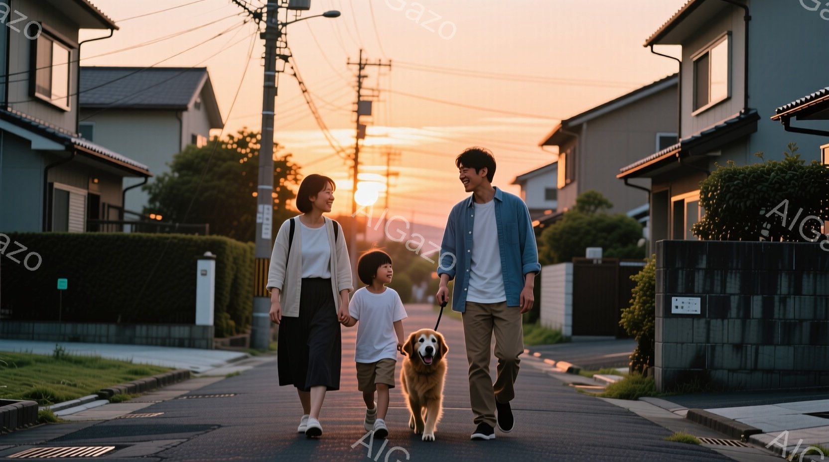 住宅街の道で、母親、息子、ゴールデンレトリバーが並んで歩いている。母親は黒のワンピースに白のシャツ、息子は白いTシャツと短パン姿で、ともにリラックスした表情をしている。夕焼け空の下、緑豊かな植生と整然 - AI生成フリー素材