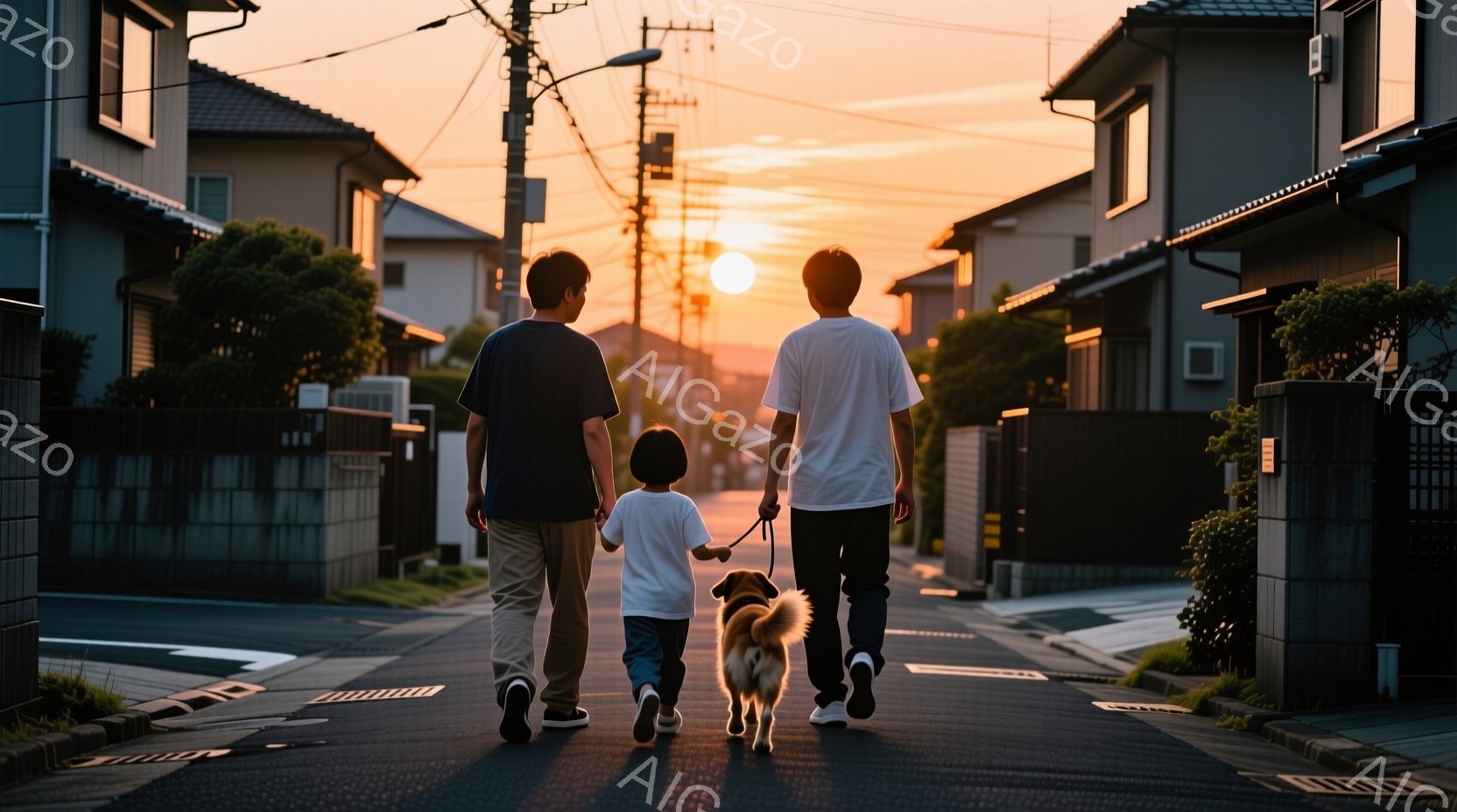 夕暮れ時の住宅街を、小さな男の子と大人が犬と共に歩いている様子が捉えられている。男の子は濃い青色のTシャツ、大人は白いTシャツを着ており、どちらも後ろ姿である。背景には整然と並んだ住宅と、空に広がる夕焼けが広がり、温かく穏やかな雰囲気を醸し出している。