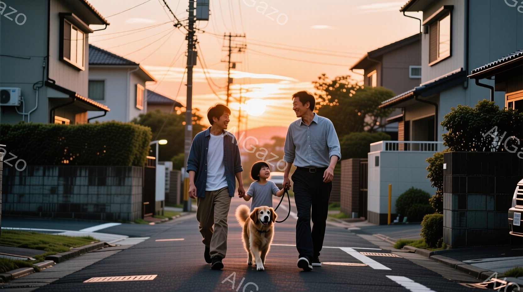 夕暮れ時の住宅街を、男の子と犬を連れた男性が歩いている様子が写っている。男の子は青いTシャツを着て、犬のリードを持って笑顔を見せている。背景には整然と並んだ住宅と、空に広がる夕焼けが広がり、穏やかで温かい雰囲気が漂っている。